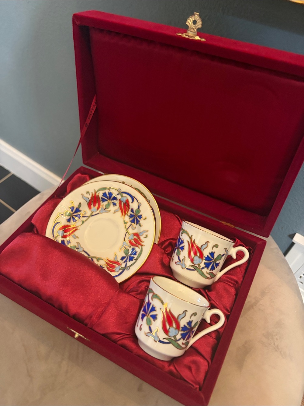 Turkish Coffee Porcelain Demitasse Cup & Saucer Set in Keepsake Velvet Box
